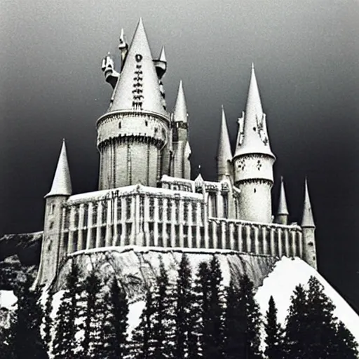 Image similar to 1 9 9 0 s photograph of hogwarts castle at nighttime, snow covered, womping willow is visible.