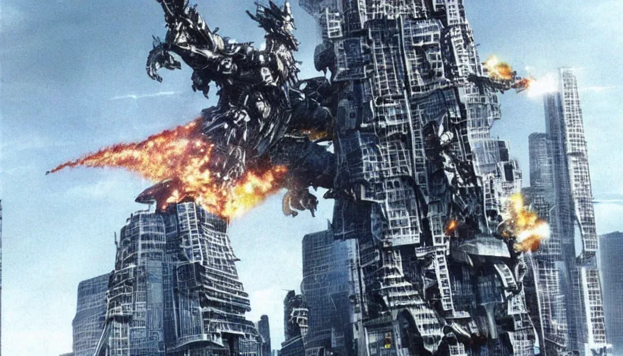 Prompt: big budget science fiction movie scene of mechagodzilla destroying a skyscraper.