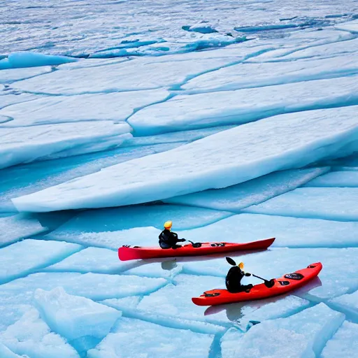 Prompt: two men kayaking atop a frozen glacier, national geographic, photo, hd