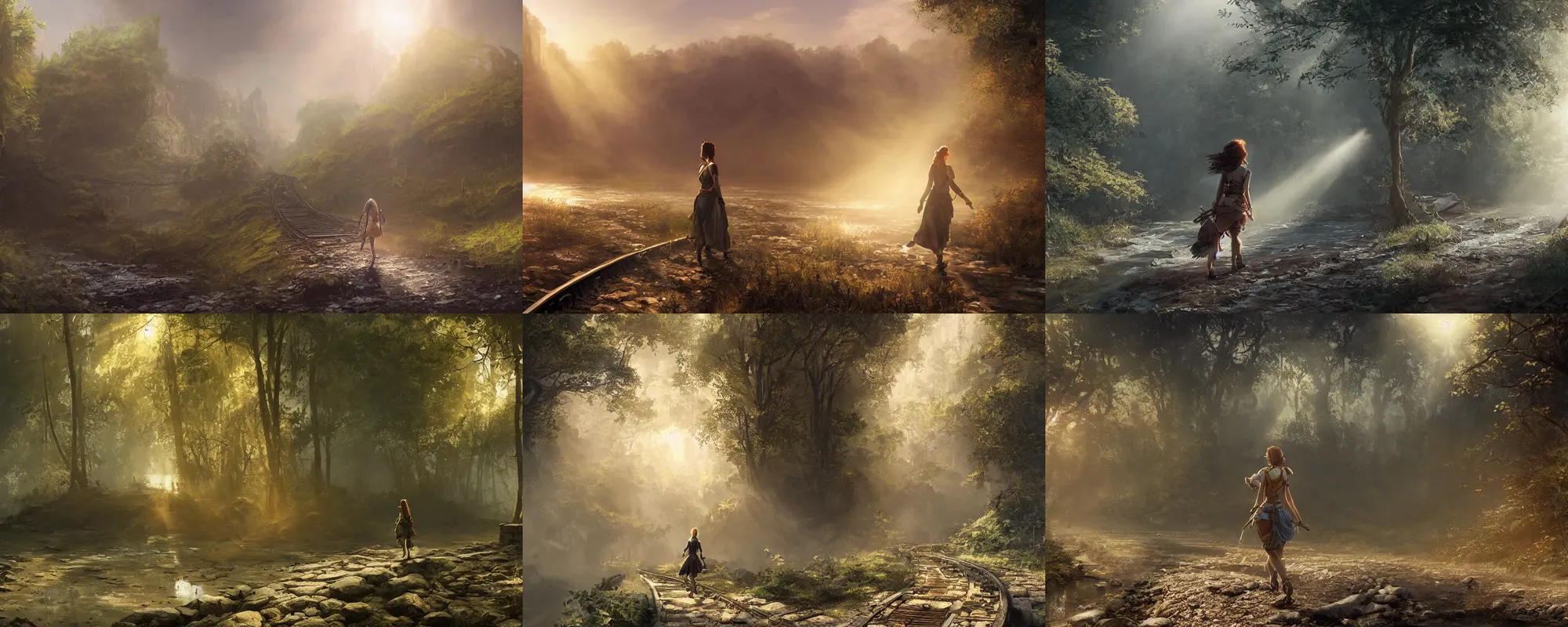 Prompt: Highly detailed 4K fantasy matte painting of a female adventurer walking along abandoned train tracks near a river, volumetric sun rays and dust, water reflection, in the style of Andreas Rocha and Greg Rutkowski