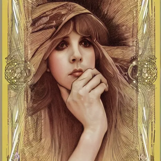 Prompt: beautiful lifelike award winning pencil illustration of stevie nicks trending on art station alphonse mucha cinematic atmospheric