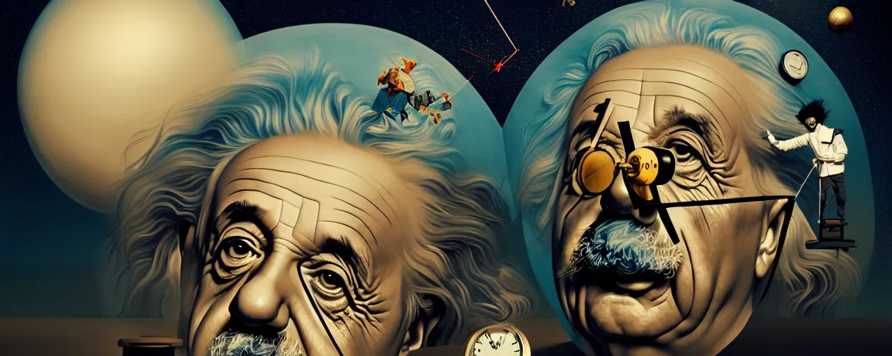 Image similar to duotone surreal illustration 3 / 4 portrait of albert einstein measuring time on salvadore dali clock in outer space. golden ratio accidental renaissance. by sachin teng and sergey kolesov and ruan jia and heng z. graffiti art, scifi, fantasy, hyper detailed. octane render. concept art. trending on artstation