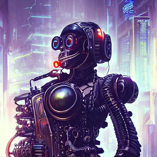 Image similar to cybernetic hunter, cyberpunk, wires, skulls, machines gutter punk steampunk cyborg, yakuza, golden ratio, details, scifi, fantasy, cyberpunk city, intricate, decadent, highly detailed, octane render, digital painting, artstation, concept art, sharp focus, illustration, art by artgerm, loish, wlop