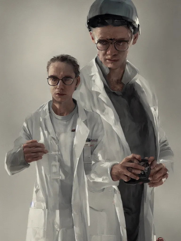 Image similar to a portrait of a scientist in a white coat in a painting from stalenhag, 4 k, 8 k, hdr, artstation, concept art