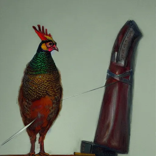 Prompt: a pheasant is girded with a belt, a sword hangs on the belt, by lily seika jones , rivuletpaper art, top cinematic lighting, cinematic mood, very detailed, beautiful sword, shot in canon, by Viktor Vasnetsov, oil painting, harsh fairy tale, soft style, hyperrealism, beautiful, high resolution, trending on artstation, steps 50,