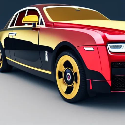 Image similar to 3 d octane render, super detailed, ray tracing, high quality, super realistic, futuristic red black and gold rolls royce. front view. aspect ratio 1 6 : 9