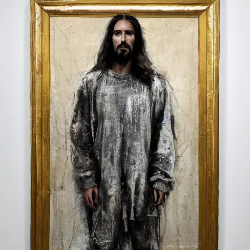 Image similar to a full body portrait of modern day jesus wearing yeezy menswear collection by nicola samori, oil painting, smudges, realistic, 8 k, yeezy collection