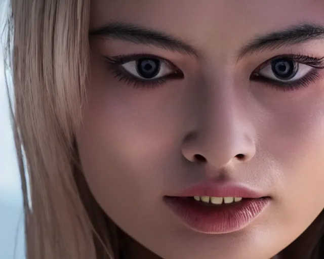 Image similar to asian margot robbie, hyper realistic face, cinematic, close - up, hyper detailed, 8 5 mm photograph, 8 k resolution, film still, sharp lens, wide lens