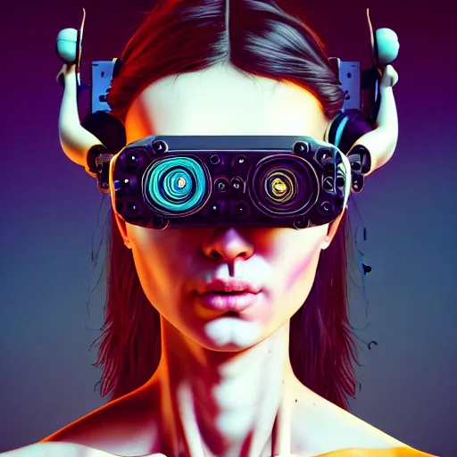 Prompt: Colour Caravaggio style Photography of Beautiful woman with highly detailed 1000 years old face wearing higly detailed cyberpunk VR Headset designed by Josan Gonzalez Many details. . In style of Josan Gonzalez and Mike Winkelmann andgreg rutkowski and alphonse muchaand Caspar David Friedrich and Stephen Hickman and James Gurney and Hiromasa Ogura. Rendered in Blender, volumetric natural light
