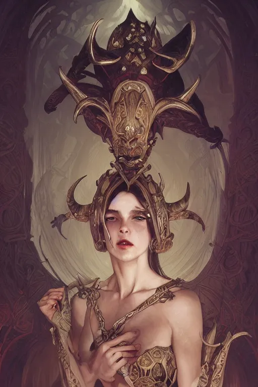 Image similar to beautiful demon peasant maiden with horns, intricate, elegant, highly detailed, digital painting, artstation, concept art, smooth, sharp focus, illustration, art by artgerm and greg rutkowski and alphonse mucha