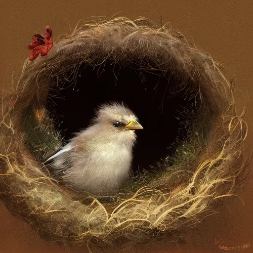 Prompt: long shot of a very fluffy sparrow chick nesting in a floral cup, esao andrews, by m. w. kaluta, humorous illustration, hyperrealistic, tilt shift, warm colors, night scenery, low light, 3 d octane render, 4 k, volumetric lights, smooth, cosy atmosphere, conceptart, hyperdetailed, trending on deviantart