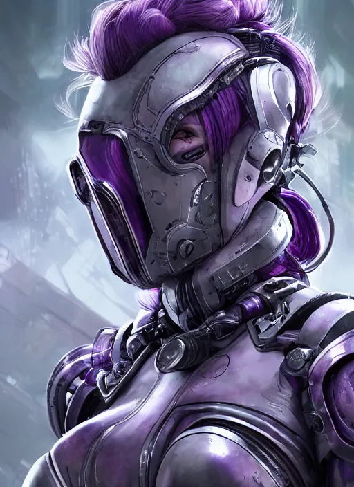 Image similar to close up portrait of a pale woman in sci - fi power armor with purple hair, powerful, domineering, stoic, masterful, intense, ultrafine hyperdetailed illustration by kim jung gi, irakli nadar, intricate linework, sharp focus, octopath traveler, yoji shinkawa, highly rendered, detailed, concept art