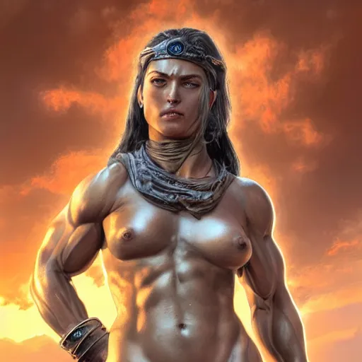 Image similar to Epic portrait, an muscular female spartan, greece, akropolis, glossy skin, beauty, digital painting, artstation, concept art, soft light, hdri, smooth, sharp focus, illustration, fantasy, intricate, elegant, highly detailed, D&D, matte painting, in the style of Greg Rutkowski and Alphonse Mucha and artemisia, 8k,