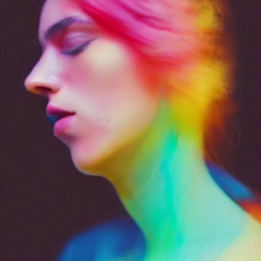 Prompt: A vibrant studio portrait photograph of a beautiful millennial woman by Alessio Albi and Nina Masic, trending on instagram, soft focus, vertical portrait, award winning makeup, natural lighting, double exposure, light traces, dramatic shadows, volumeric ghostly rays, f1.8, 50mm, micro details, cottagecore polaroid color scheme, classic chrome, film grain, light cyan, lavender blush, cinematic lighting