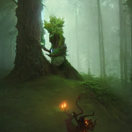 Image similar to a beautiful hyperrealistic painting of a forest troll by peter mohrbacher, ancient mossy wood, gigantic, octane render, brilliantly coloured, intricate, ultra wide angle, trending on artstation, dusk, volumetric lighting, polished, micro details, ray tracing, 8 k