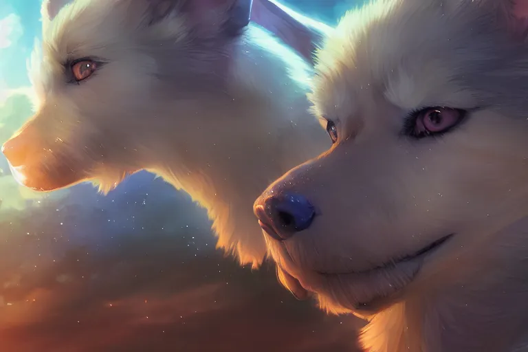 Image similar to blue eyed celestial dog, single subject, scenic full shot, ambient lighting, detailed face, by makoto shinkai, stanley artgerm lau, wlop, rossdraws