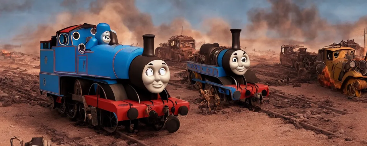 Image similar to Thomas the Tank Engine in the fiery Wasteland of MAD MAX: FURY ROAD