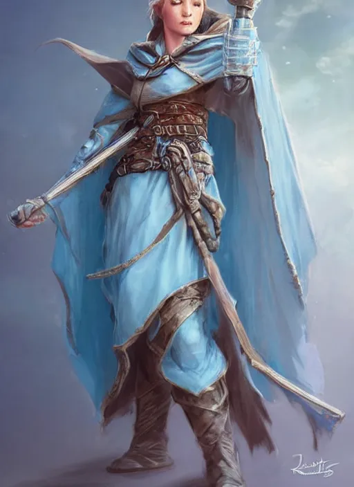 Image similar to light blue cloak female priest, ultra detailed fantasy, dndbeyond, bright, colourful, realistic, dnd character portrait, full body, pathfinder, pinterest, art by ralph horsley, dnd, rpg, lotr game design fanart by concept art, behance hd, artstation, deviantart, hdr render in unreal engine 5