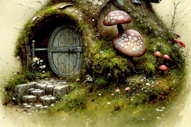 Image similar to (((((1950s flower moss and mushroom covered hobbit house . muted colors.))))) by Jean-Baptiste Monge !!!!!!!!!!!!!!!!!!!!!!!!!!!