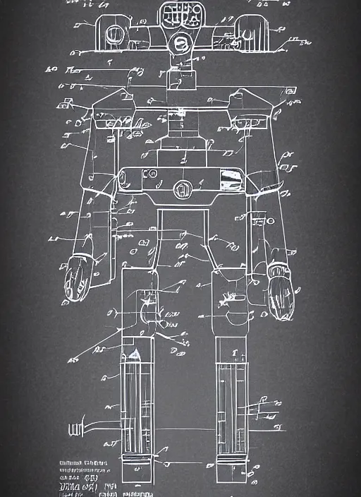 Image similar to mech to human mind uplink schematic by thomas hubert. in the style of a 1 9 8 3 patent design diagram