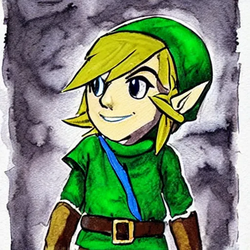 Prompt: a cute link from zelda in the style of pen, ink and watercolor