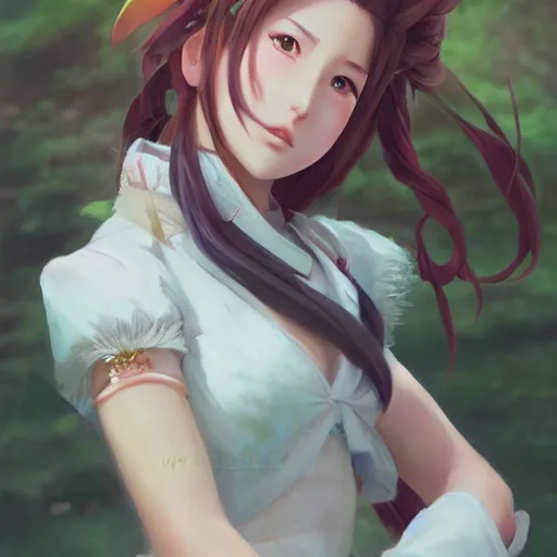 Image similar to concept art of aerith gainsborough by WLOP, rossdraws, Logan Cure, Mingchen Shen, BangkuART, sakimichan, yan gisuka, JeonSeok Lee, zeronis, Chengwei Pan on artstation