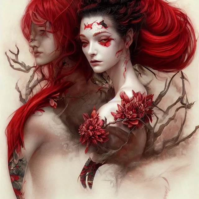 Image similar to ultra realistic illustration, beautiful ethereal woman dressed in red kimono, backview, tattoos, in the style of peter mohrbacher by weta digital and beth cavener, high face symmetry, intricate, masterpiece, award winning, high face symmetry, intricate