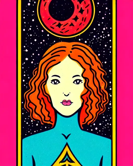 Image similar to tarot card of space astral girl, red hair, ginger hair, fantasy, glowing skin, smooth face, perfect eyes