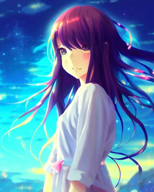 Image similar to anime style, vivid, expressive, full body, 4 k, painting, a cute magical girl with a long wavy black hair, stunning, realistic light and shadow effects, centered, simple background, studio ghibly makoto shinkai yuji yamaguchi