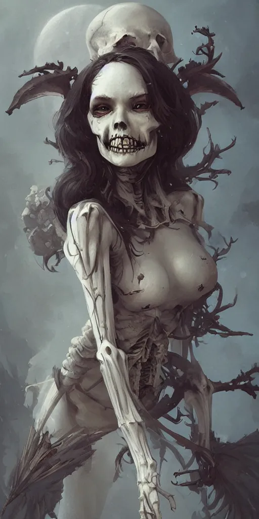 Prompt: very cute and beautiful smiling skeleton girl, pin up, fantasy art, gothic, highly detailed, digital painting, illustration, art by greg rutkowski