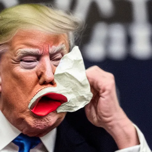 Prompt: candid portrait photo of president trump shoving a crumpled up wad of paper into his mouth