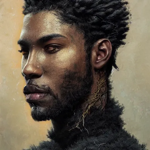 Image similar to portrait painting of a beautiful black man with cut scars and cropped hair wearing a tattered fur coat, ultra realistic, concept art, intricate details, eerie, highly detailed, photorealistic, octane render, 8 k, unreal engine. art by artgerm and greg rutkowski and charlie bowater and magali villeneuve and alphonse mucha