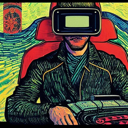 Prompt: Illustrated by Shepard Fairey and Moebius | Cyberpunk Van Gogh with VR helmet, surrounded by cables | Photo