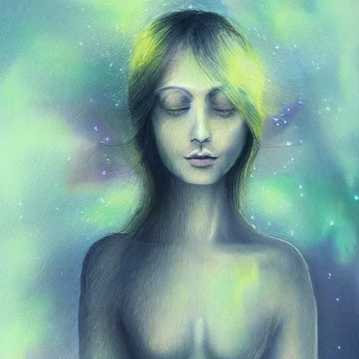 Image similar to beautiful detailed artistic portrait of a person travelling between different astral planes. grainy and rough. fine detail. soft colour scheme. artistic painting by lurid ( 2 0 2 2 ). featured on deviantart.