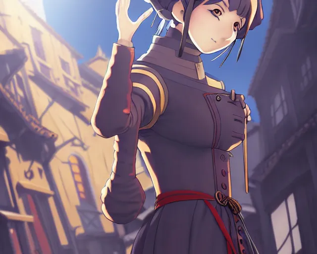 Image similar to anime visual, portrait of a young female walking through a busy medieval village, face by yoh yoshinari, murata range, last exile, blue submarine no 6, dynamic pose, muted colors, dynamic perspective, detailed silhouette, cel shaded anime