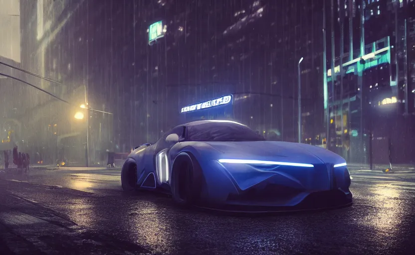 Prompt: a sport vehicle in the streets at night whit blue headlights on by Khyzyl Saleem, night time, stormy wheater, atmospheric, artstaion, concept art, illustration, sharp focus, high detail, octane render, cyberpunk, game