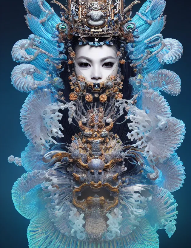 Image similar to 3 d goddess close - up portrait with crown, ram skull. beautiful intricately detailed japanese crow kitsune mask and clasical japanese kimono. betta fish, jellyfish phoenix, bioluminescent, plasma, ice, water, wind, creature, artwork by tooth wu and wlop and beeple and greg rutkowski