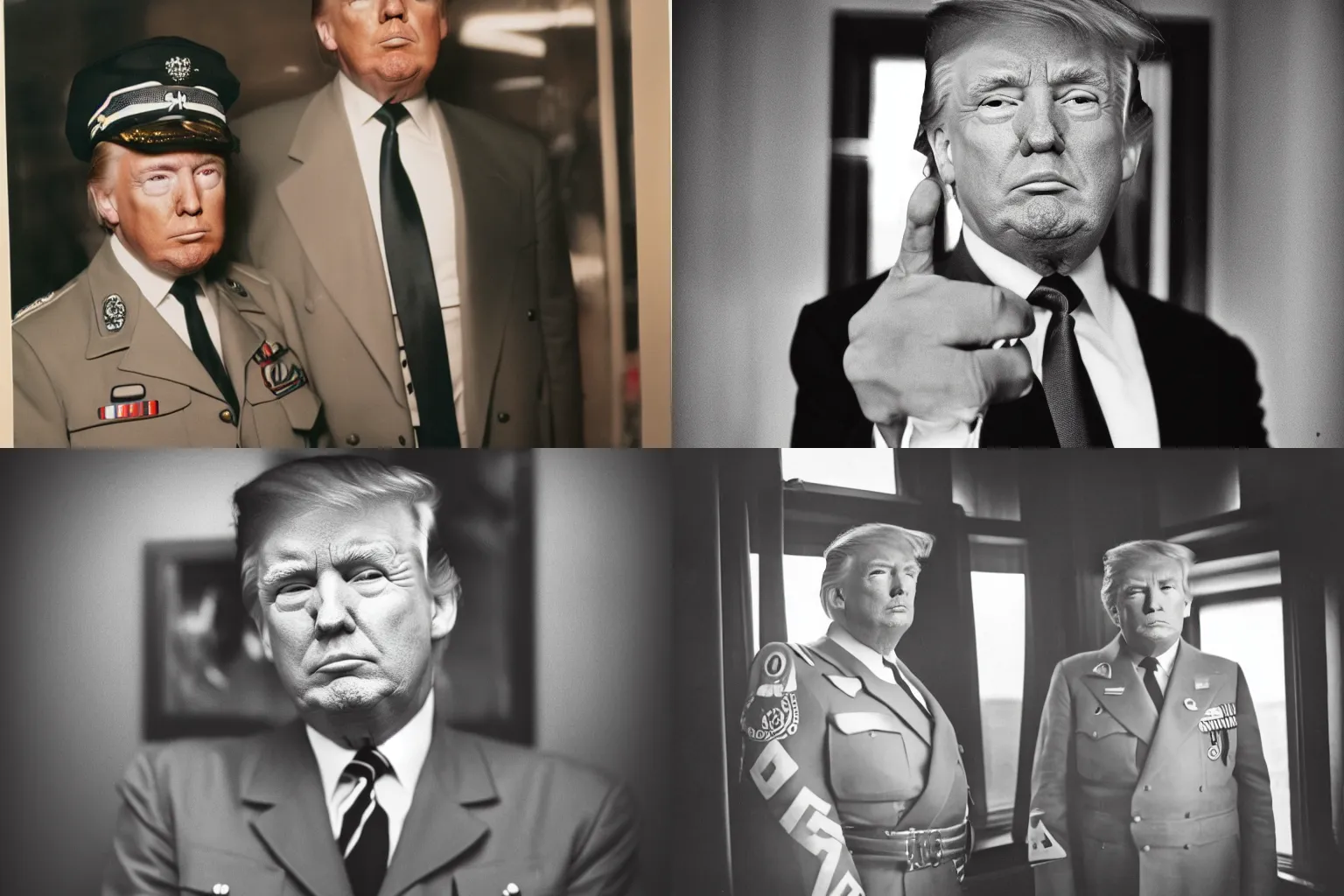 Prompt: portrait photograph of Donald Trump wearing Reichsführer outfit, off-camera flash, canon 35mm lens f8 aperture, color Ektachrome photograph, single point of light coming through window,