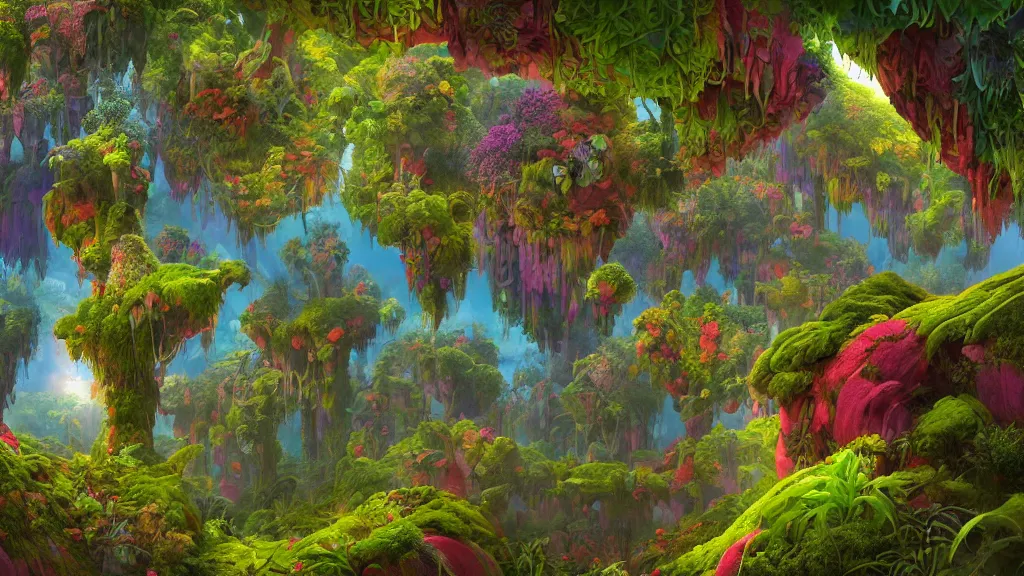 Prompt: first person perspective digital illustration of a fantasy forest of vibrant flora and fauna by industrial light and magic:1|wide angle panoramic by beeple and Roger Dean, viewed from eye level:0.9|fantasy, cinematic:0.9|Unreal Engine, Octane, finalRender, devfiantArt, artstation, artstation HQ, behance, HD, 16k resolution:0.8