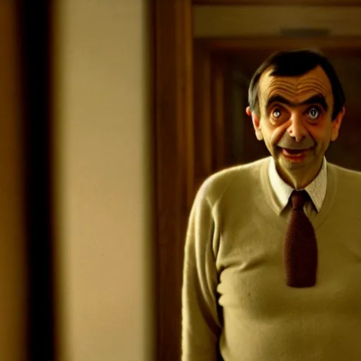 Image similar to mr bean in the shining. here is johny! movie still, cinematography, cinematic lighting