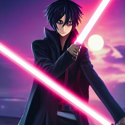 Image similar to eccentric Lelouch Lamperouge holding a lightsaber, mysterious man, octane 8k, beautiful scenery, aesthetic cyberpunk