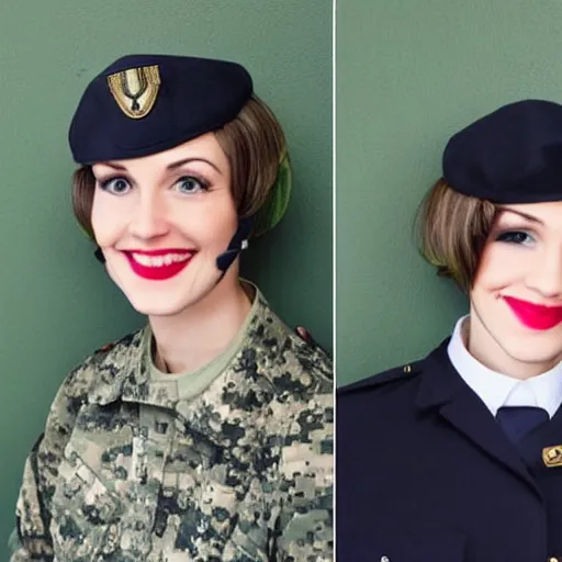 Prompt: brunette woman, short hair, flipped out hair ends, bright green eyes, military uniform, smirk