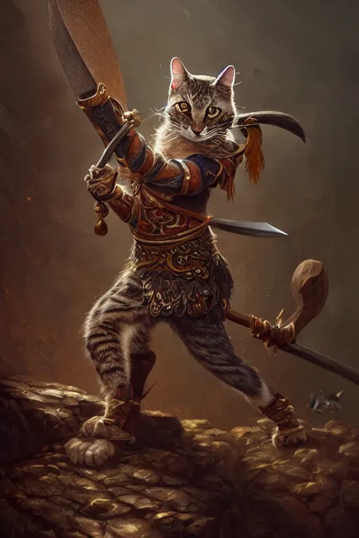 Prompt: a anthropomorphic cat warrior, holding a axe, diffuse lighting, fantasy, intricate, elegant, highly detailed, lifelike, photorealistic, digital painting, artstation, illustration, concept art, smooth, sharp focus, naturalism, trending on byron's - muse, by greg rutkowski and greg staples