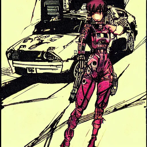 Image similar to android, killer - girl on car, 1 / 6 katsuya terada, style of cyberpunk, night, city,