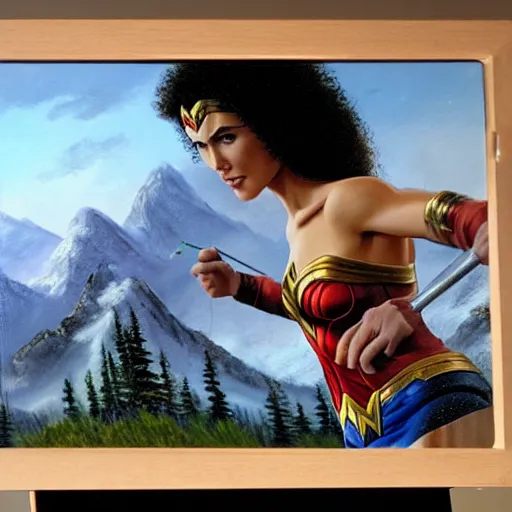 Image similar to a closeup photorealistic photograph of bob ross working on a canvas painting of wonder woman. film still. brightly lit scene. mountains and trees. this 4 k hd image is trending on artstation, featured on behance, well - rendered, extra crisp, features intricate detail, epic composition and the style of unreal engine.