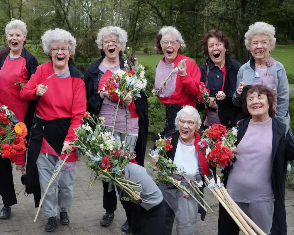 Image similar to a gang of old ladies waving flowers and pitch-forks, and wearing track suits laughing maniacally and screaming