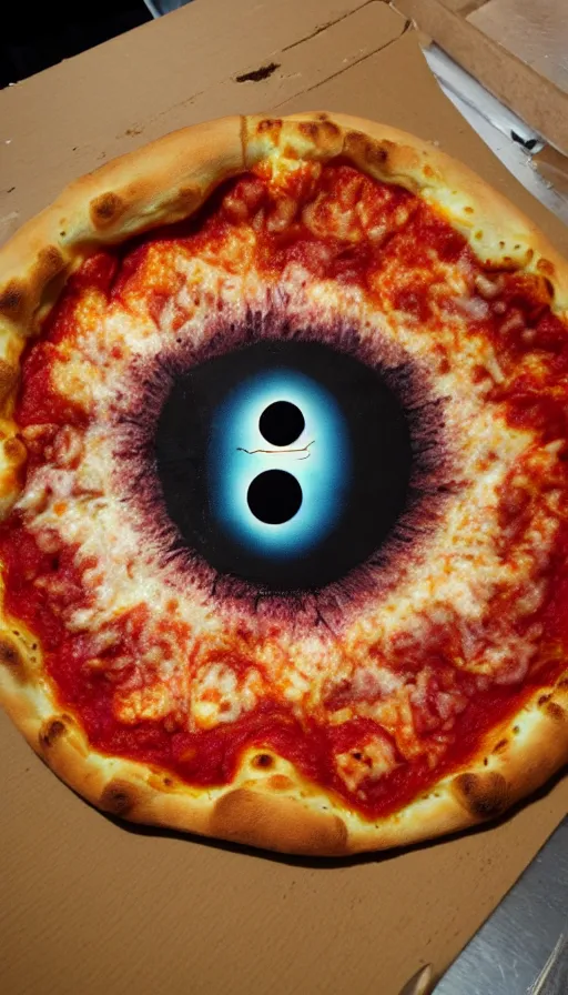 Image similar to the eye of sauron on top of a pizza nova, photorealistic,