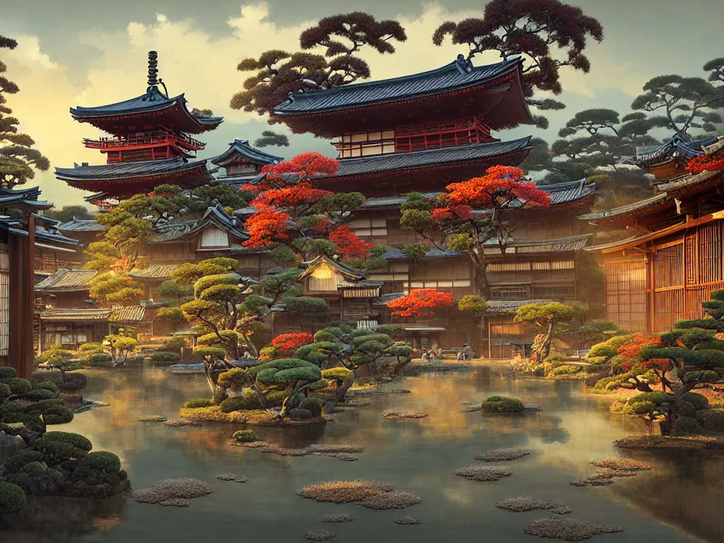 Image similar to old japanese town with garden viewed from harbor, d & d digital painting, ultra realistic, beautiful, volumetric lighting, warm colors advance, cell shading, by james jean, greg rutkowski,