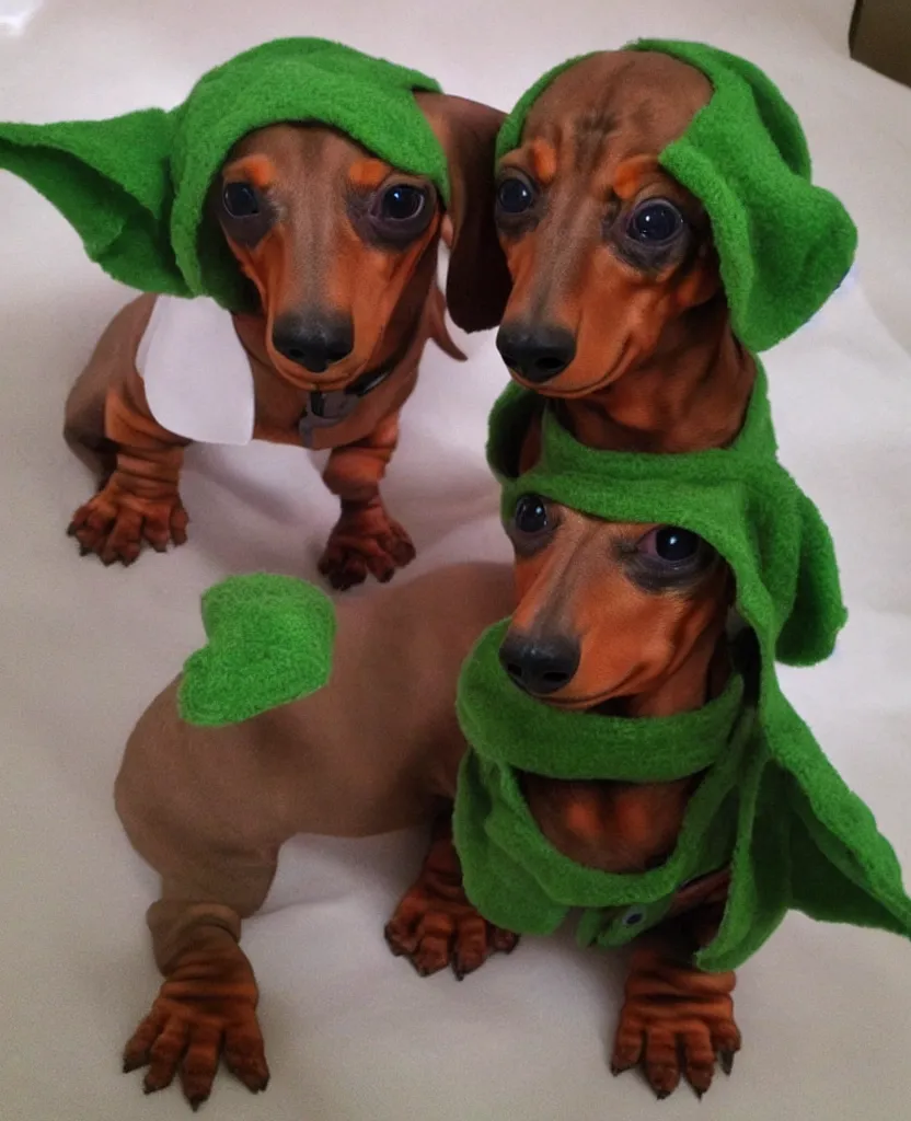 Image similar to a dachshund dressed as Baby Yoda,