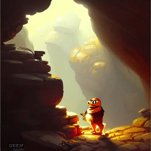 Image similar to happy pepe the miner in the cave, greg rutkowski